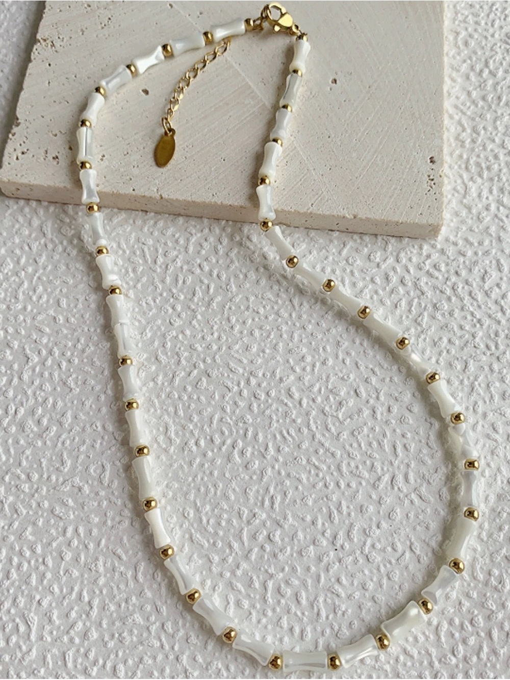 14K Gold Filled Natural White Mother of Pearl Bamboo Bead Necklace NWT
